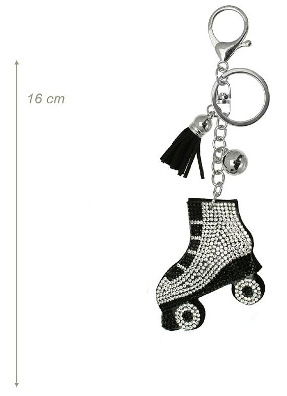 Portachiavi pattino a rotelle con strass bianche e nere